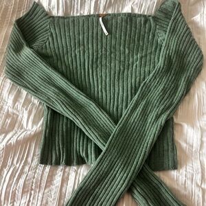 Free People Green Off-the-Shoulder Sweater Ribbed Knit